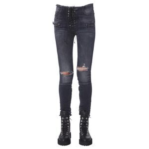 UNRAVEL Women's Ripped Knee Lace-Up Front Skinny Denim Jeans Women BLACK Pants